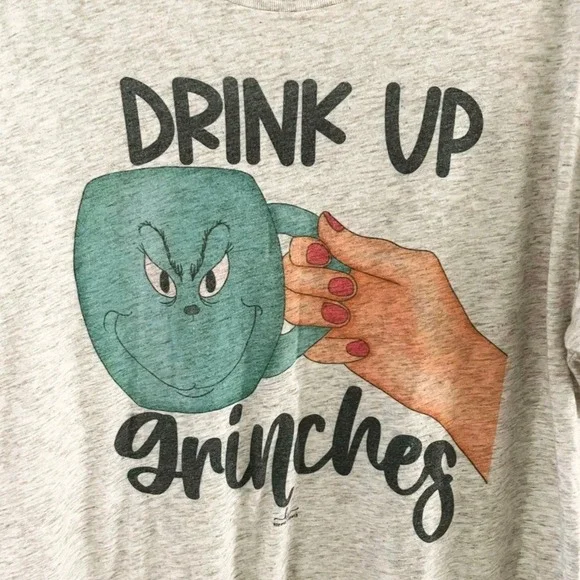 Next Level Women's M Medium‎ Tee Shirt Gray Drink Up Grinches Short Sleeve Crew - Picture 3 of 5
